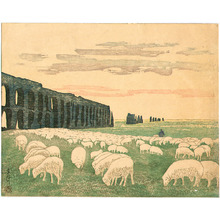 Yamagishi Kazue创作的日本版画《Sheep and Roman Water Conduits》