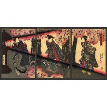 Utagawa Kunisada, 歌川国貞 (Kunisada)创作的日本版画《Beauties viewing cherry blossoms by lantern light》