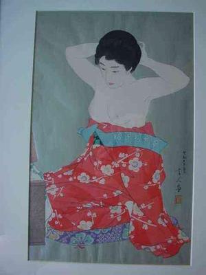 Torii Kotondo, 鳥居言人 (Torii Kotondo (鳥居言人))による浮世絵「Make-up (At the Mirror) — 化粧」