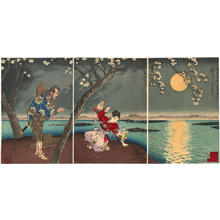 Japanischer Druck "Famous Places in the East- Sumidagawa- Koji of Umewaka — 東名所隅田川梅和かのふる事" von Tsukioka Yoshitoshi, 月岡芳年 (Yoshitoshi Tsukioka (1839-1892) Taiso (月岡芳年))