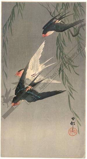 Japanese Print "Swallos in flight (title not original)" by Ohara Shoson