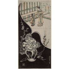 Nishimura Shigenaga, 西村重長 (Nishimura Shigenaga)创作的日本版画《A Figure of a Lion Holding a Love Letter (in stone-rubbing style) and a Vision of a Courtesan and Kamuro (in color)》