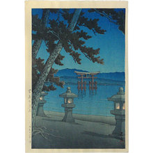 Kawase Hasui, 川瀬巴水 (Kawase Hasui)创作的日本版画《Moonlit night, Miyajima (Miyajima no tsukiyo)》